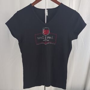 Black Short Sleeve V-Neck Tee with Red Rhinestone Wine Glass Graphic